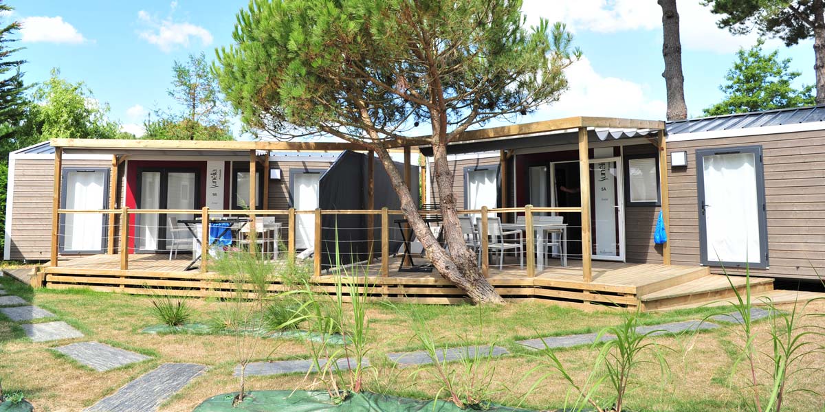 Swimming pool mobile home at Le Fief campsite in Saint-Brevin in southern Brittany