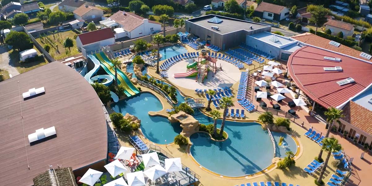 Aerial view of the campsite's aquatic area in southern Brittany