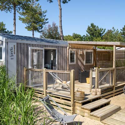 Child secure terrace of the Kids mobile home at Le Fief campsite in southern Brittany