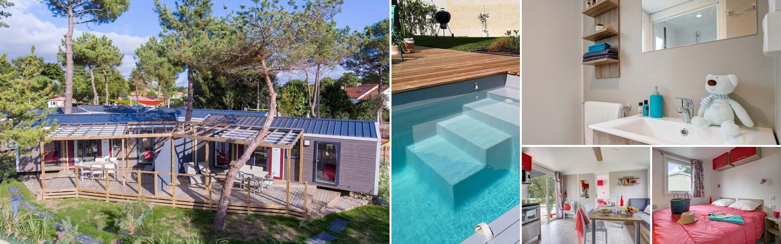 General view of the Premium Swimming pool mobile home at Le Fief campsite in southern Brittany