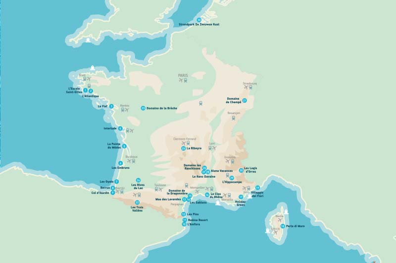 Map of France of campsites in the Sunelia chain (Camping le Fief in Saint-Brevin)