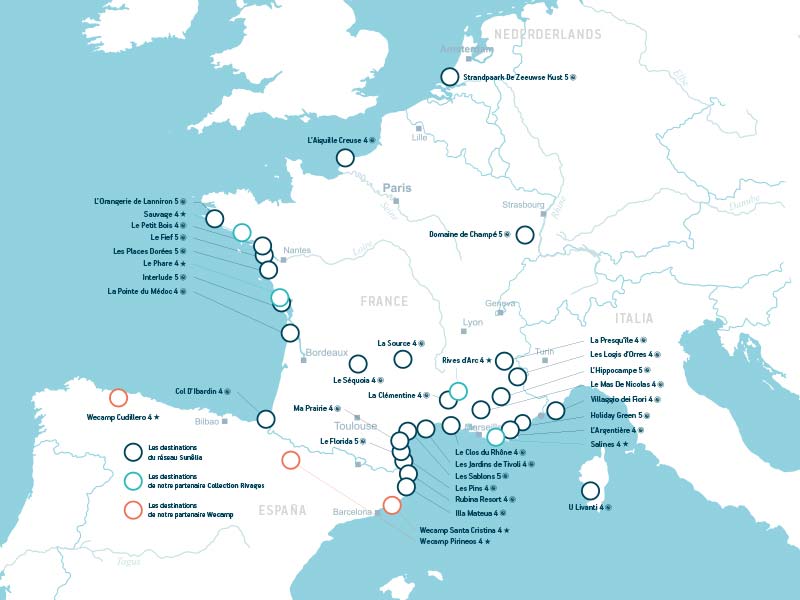 Map of France of campsites in the Sunelia chain (Camping le Fief in Saint-Brevin)